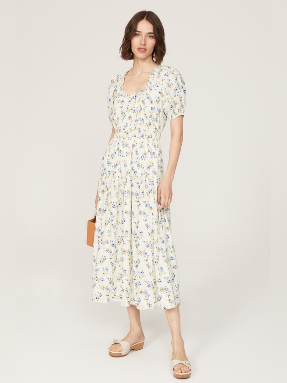 THE GREAT. Cream Midi Dress with Blue and Yellow Floral Print